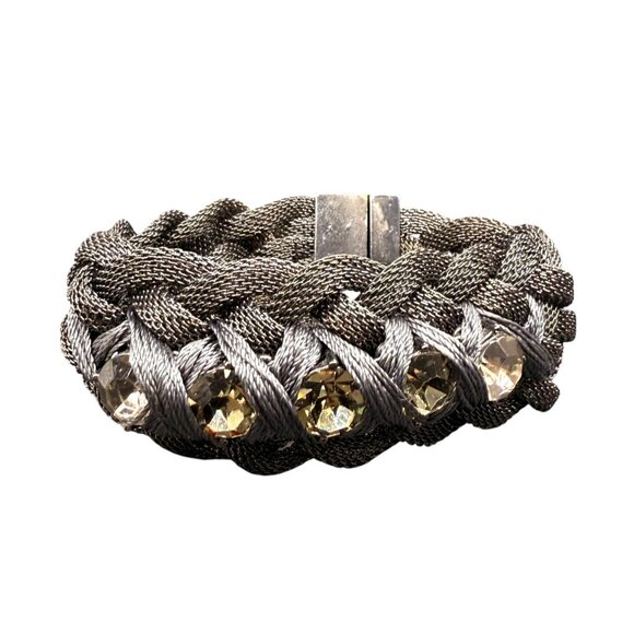 Banana Republic Faceted Crystal Black Mesh Chain Bangle Bracelet Silver Tone - Picture 1 of 6